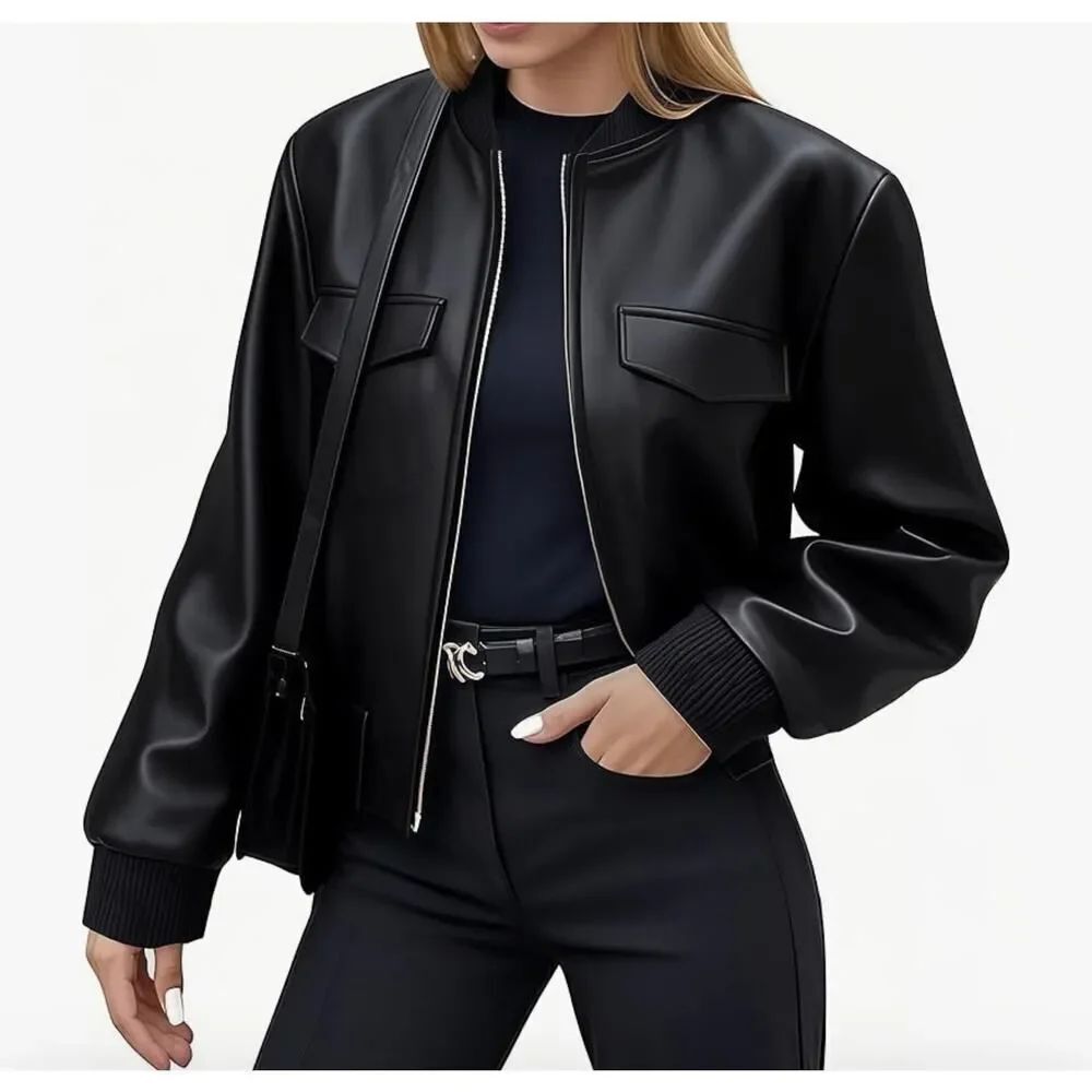 Ommiivex Black Faux Leather Cropped Bomber Jacket Size Large NWT
